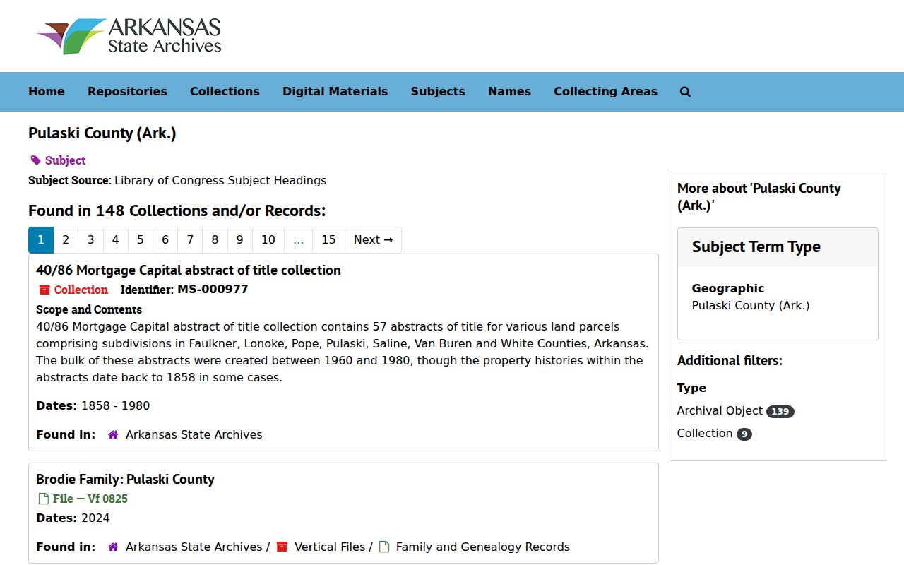 Pulaski County people search Arkansas State Archives finding aids