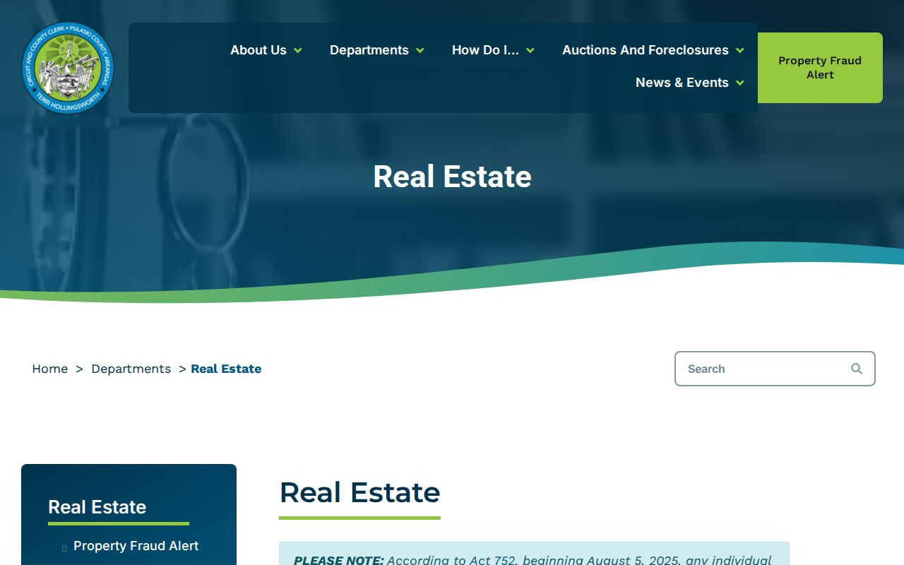 Pulaski County public records Real Estate Department page with deed fees and coverage notes